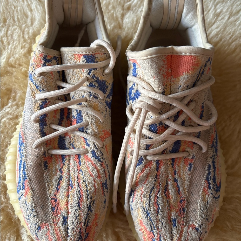Adidas Yeezy Women's Multicolor Knit Sneakers - Cream, Blue & Coral Accents